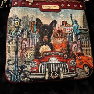 Nicole Miller crossbody purses navy blue/burgundy w/dog&cat on the front